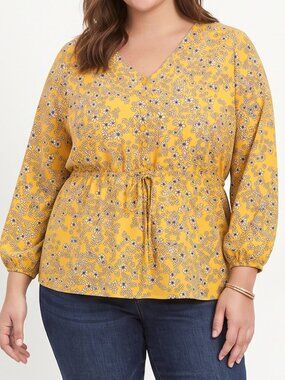 Lane Bryant Yellow Floral Peplum Blouse Size 26 V-Neck Plus Size